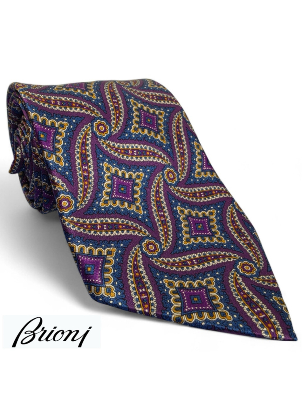 Brioni Silk Tie Purple Blue Paisley Geometric Handmade Italy Luxury
